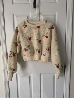 Urban Outfitters Cream Floral Sherpa Cropped Crewneck Sweatshirt